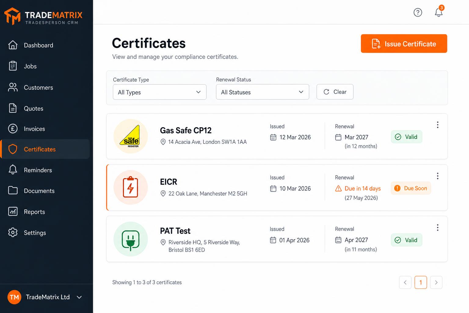 Compliance & certificates — Gas Safe, EICR, RAMS, PAT — generate, store and resend in one place.