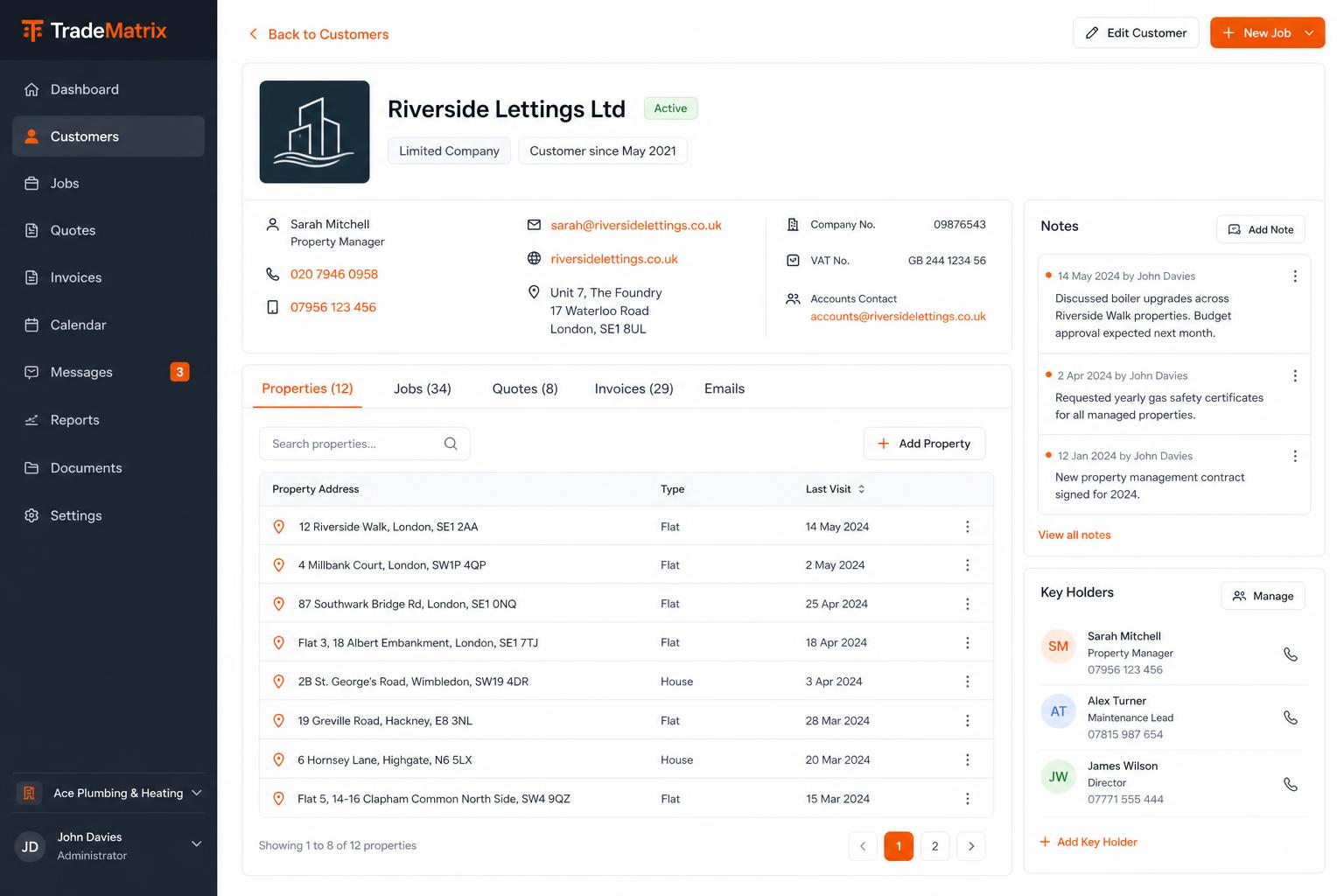 Customers & properties — One customer, multiple properties — full job history at a glance.