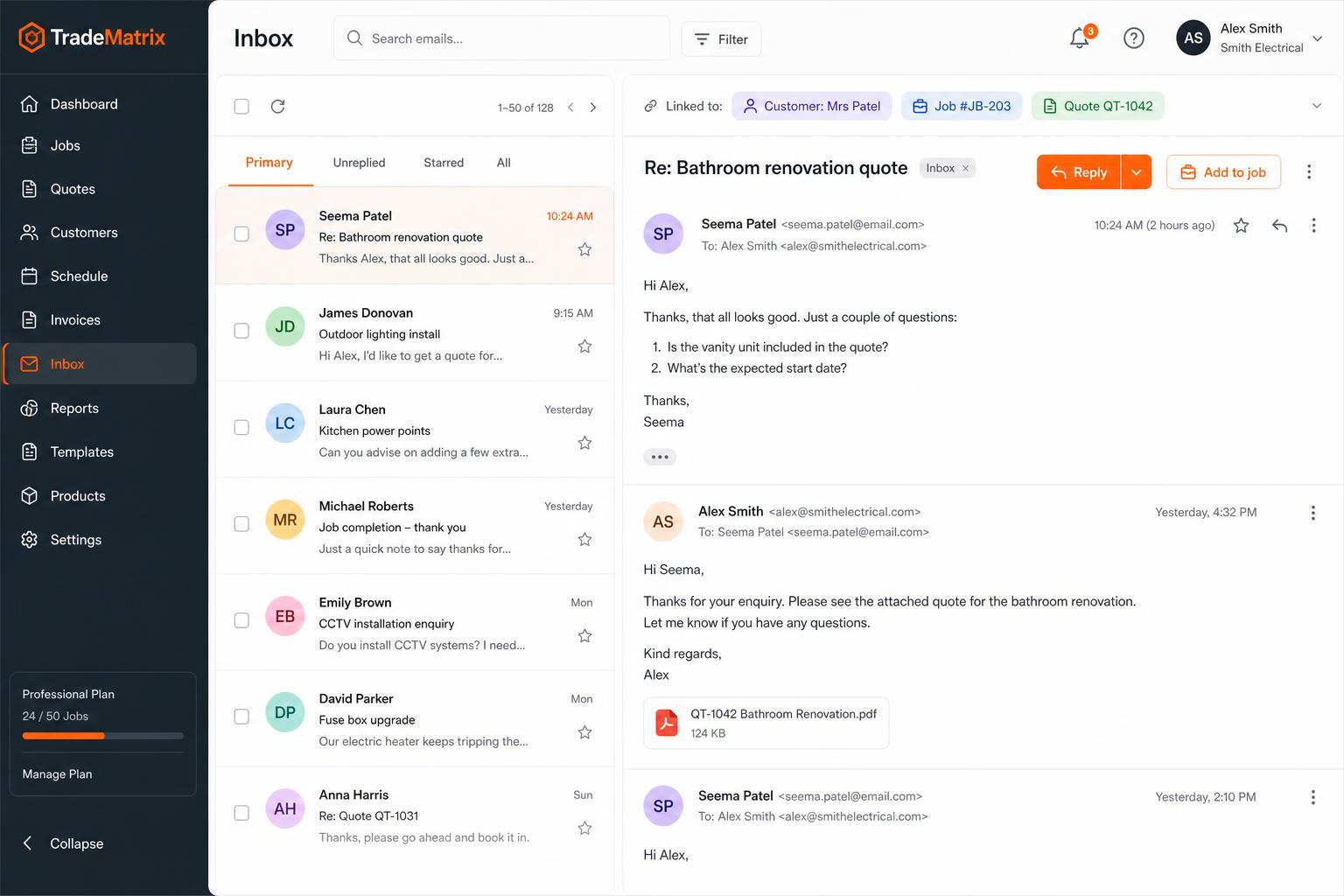 Email & communications — Connect Gmail, send everything from one inbox tied to the customer.