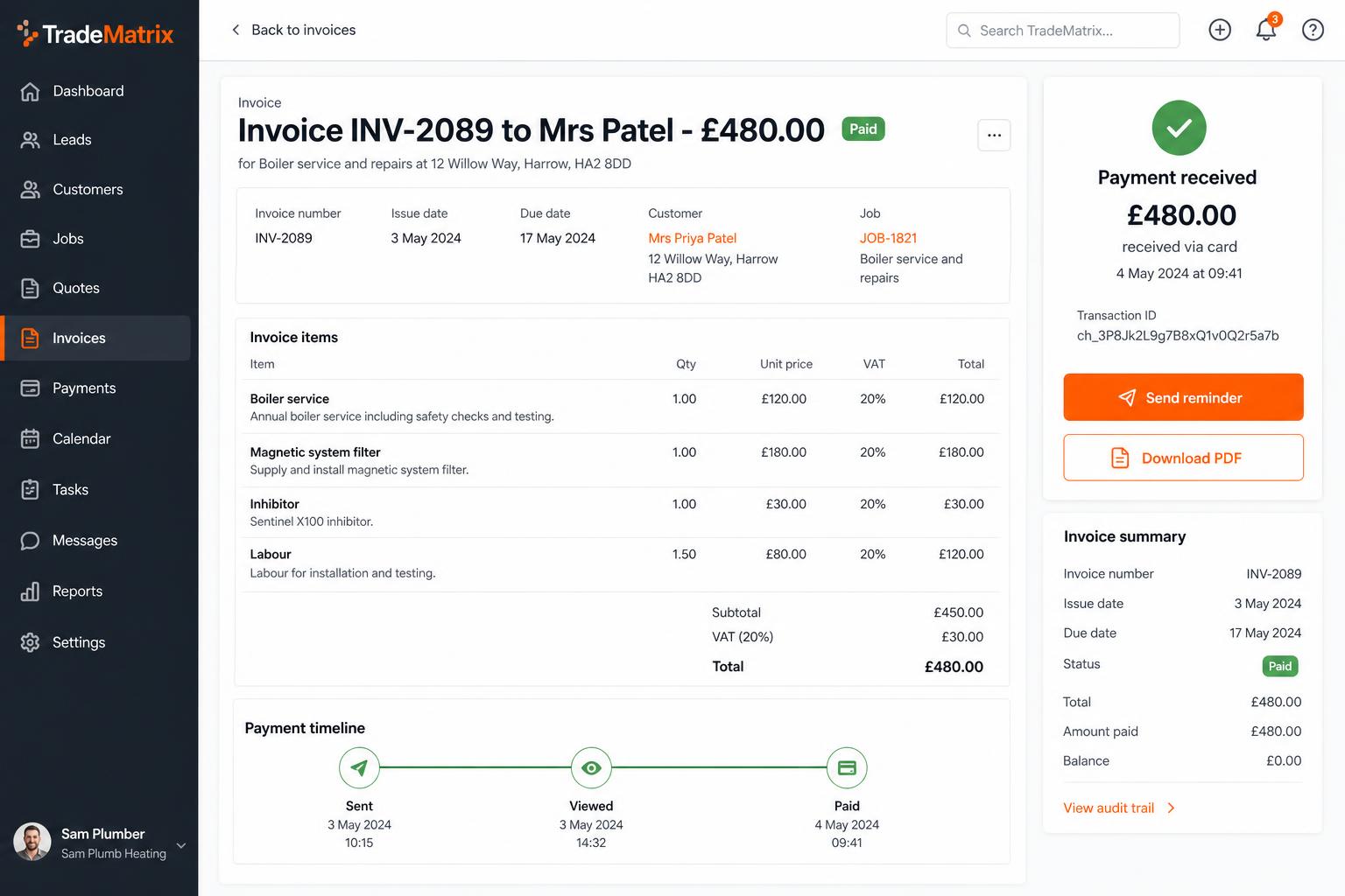 Invoicing & payments — Invoice on completion, take card payments online, chase late payers automatically.